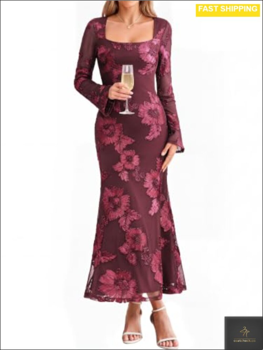 Bell Long Sleeve Square Neck Floral Embroidery Maxi Dress Formal Wedding Guest